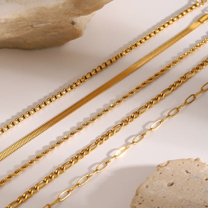 18K Gold Essential Dainty Paperclip Rope Herringbone Snake Chain Bracelet Stacks