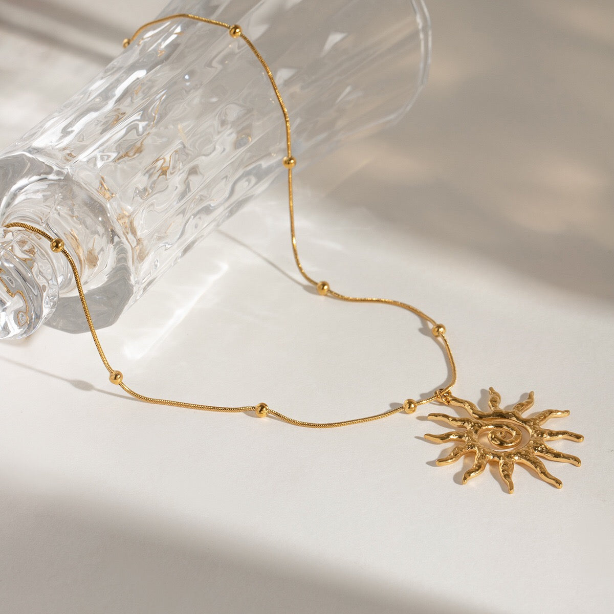 18K Gold Solar Flame Sun Pendant Statement Necklace