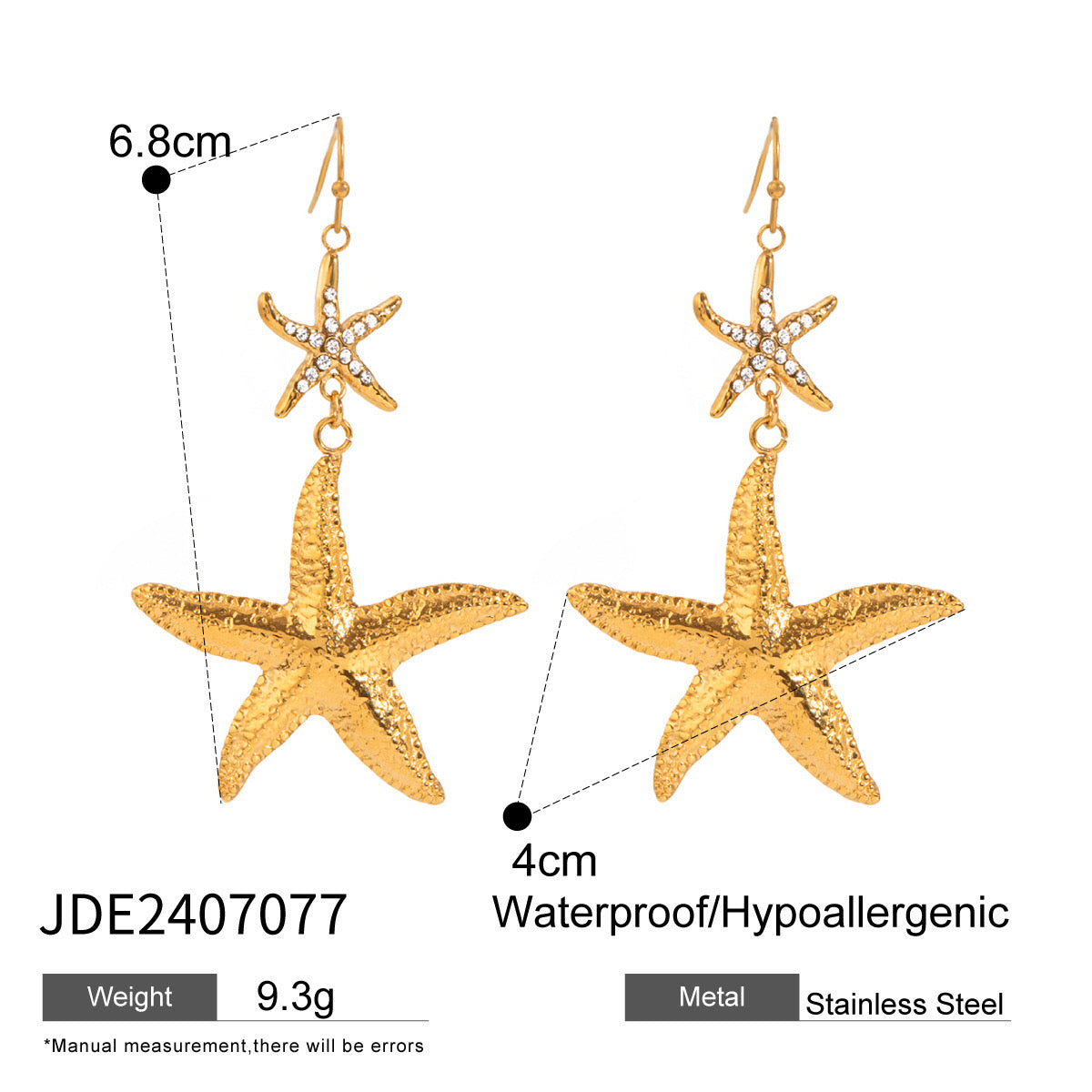18K Gold Bling Starfish Drop Dangle Statement Earrings