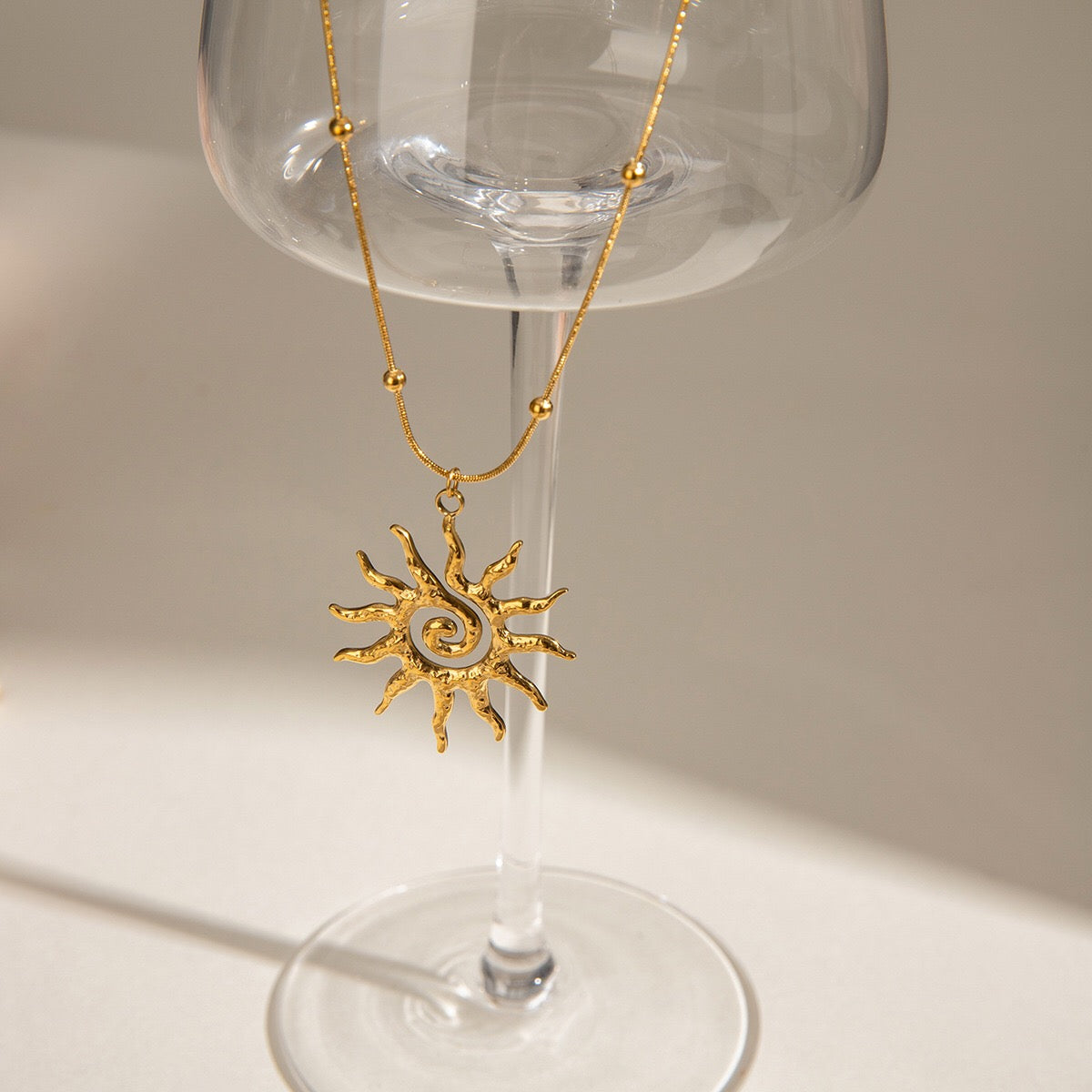 18K Gold Solar Flame Sun Pendant Statement Necklace