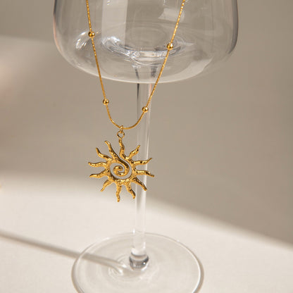 18K Gold Solar Flame Sun Pendant Statement Necklace