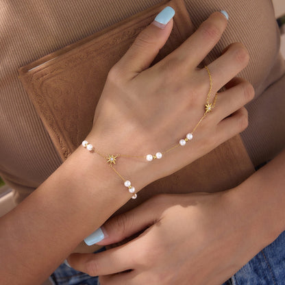 18K Gold Starlit Elegant Pearl Hand Chain Bracelet