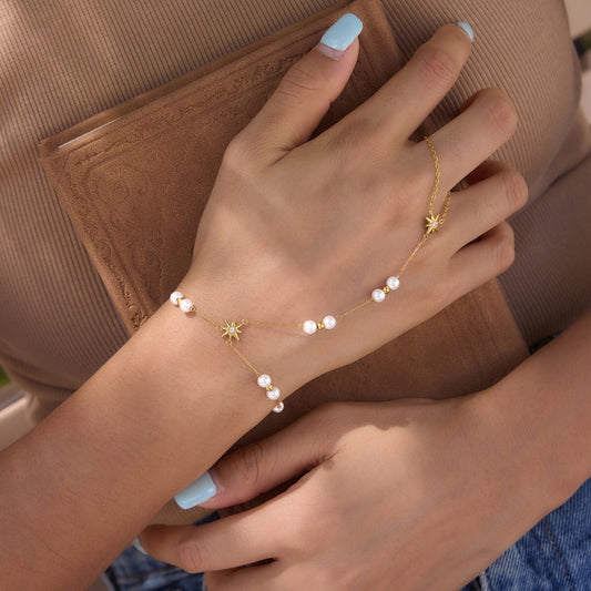18K Gold Starlit Elegant Pearl Hand Chain Bracelet