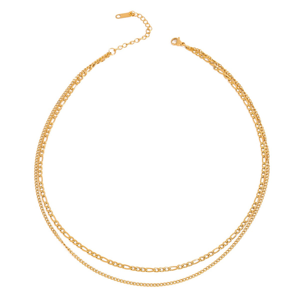 18K Gold Figaro Chain Double Layered Necklace