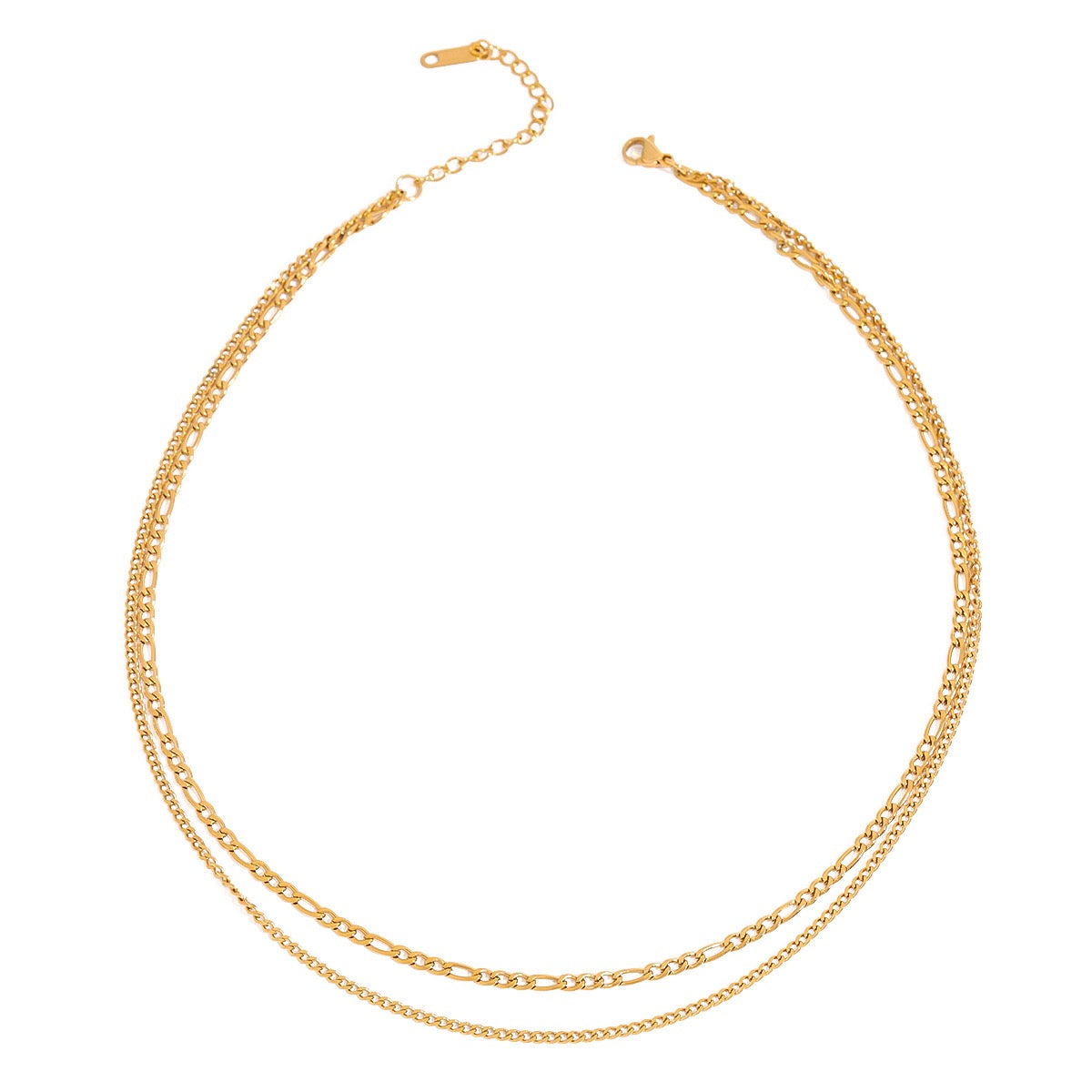 18K Gold Figaro Chain Double Layered Necklace