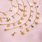 18K Gold Flirt Flower Bow Heart Charm Chain Bracelet Stack