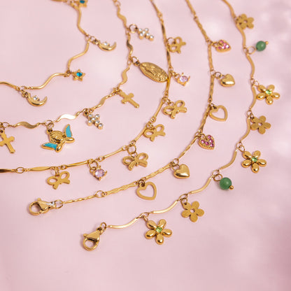 18K Gold Flirt Flower Bow Heart Charm Chain Bracelet Stack