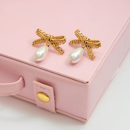 18K Gold Lace Bow Dangle Pearl Cute Stud Earrings