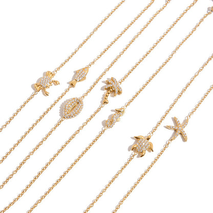 18K Gold Ocean Sparkle Seashell Palm Tree Dainty Pave Pendant Necklace Jewelry Set