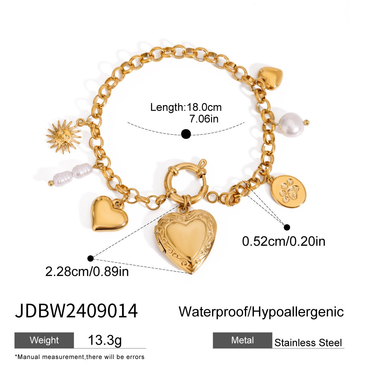 18K Gold Heart Locket Chunky Charm Bracelet
