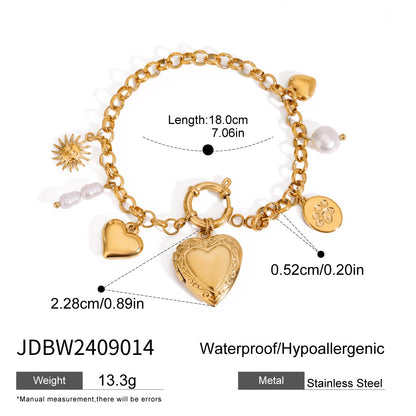 18K Gold Heart Locket Chunky Charm Bracelet