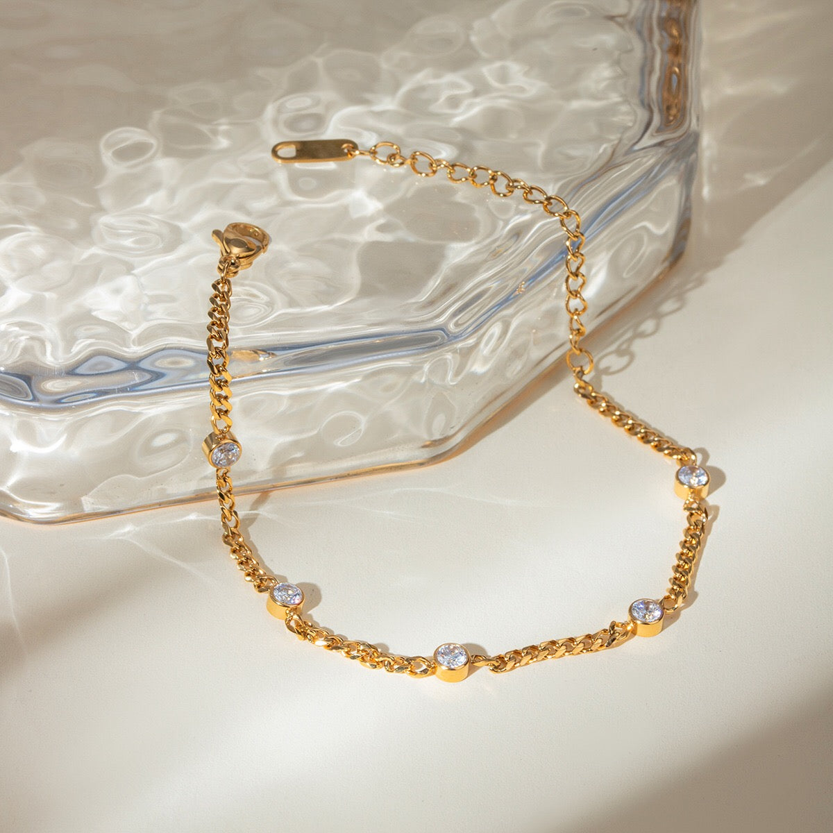 18K Gold Self Made Bezel Cuban Link Dainty Chain Bracelet