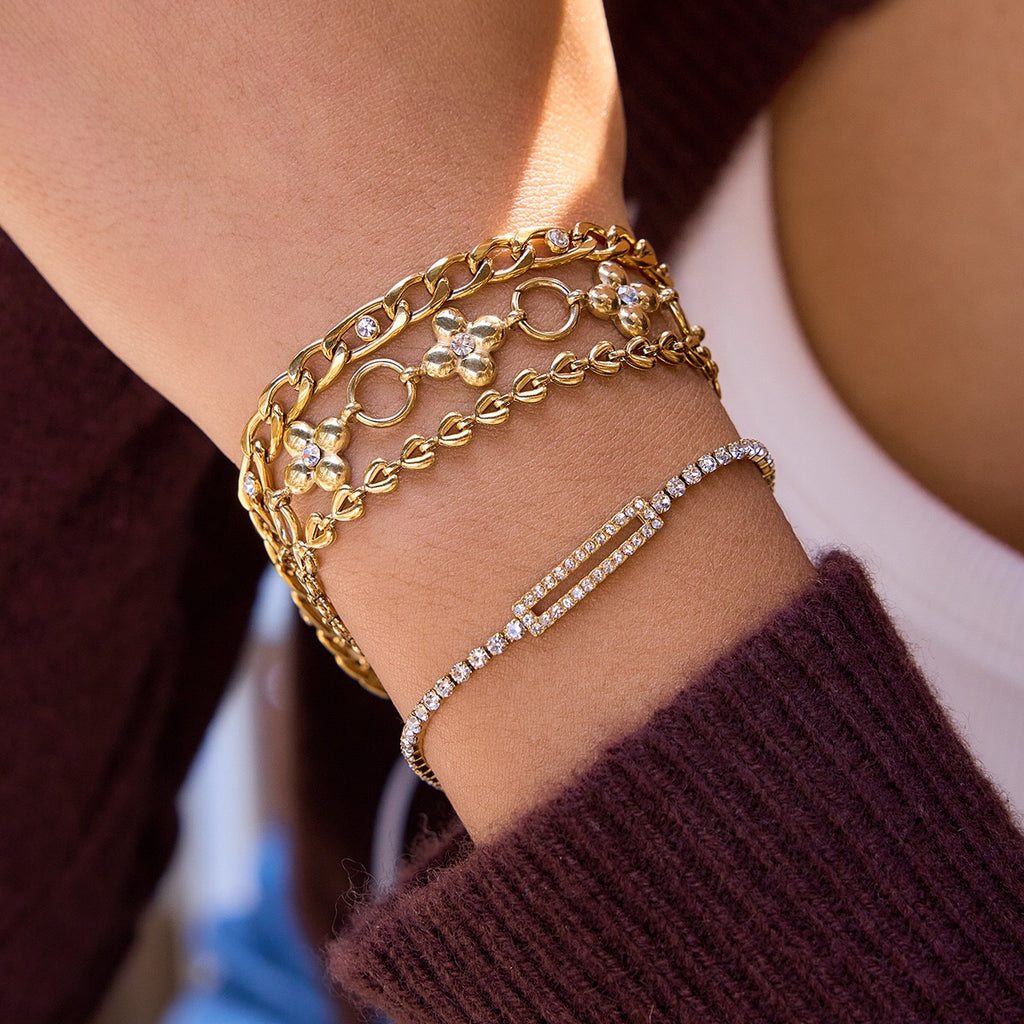 18K Gold Fortune Flower Four Leaf Clover Double Chain Bracelet