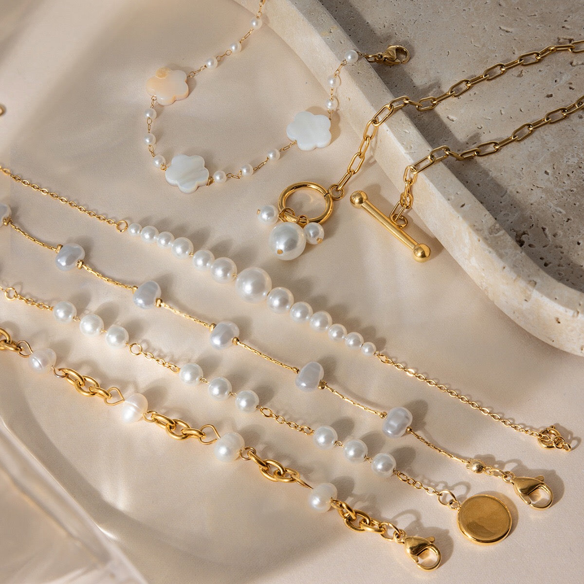 18K Gold Floating Pearls Chain Bracelet Stack