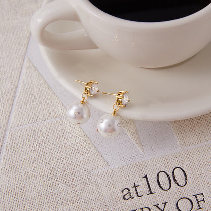 18K Gold Eternal Gleam Pearl Drop CZ Stud Dangle Earrings