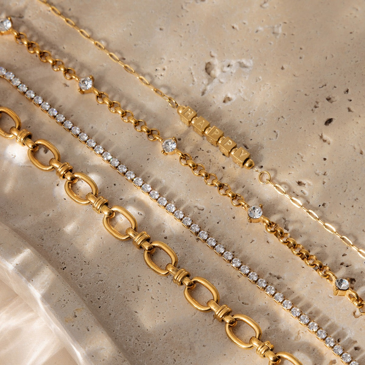 18K Gold HAPPY Letter Dainty Chain Bracelet