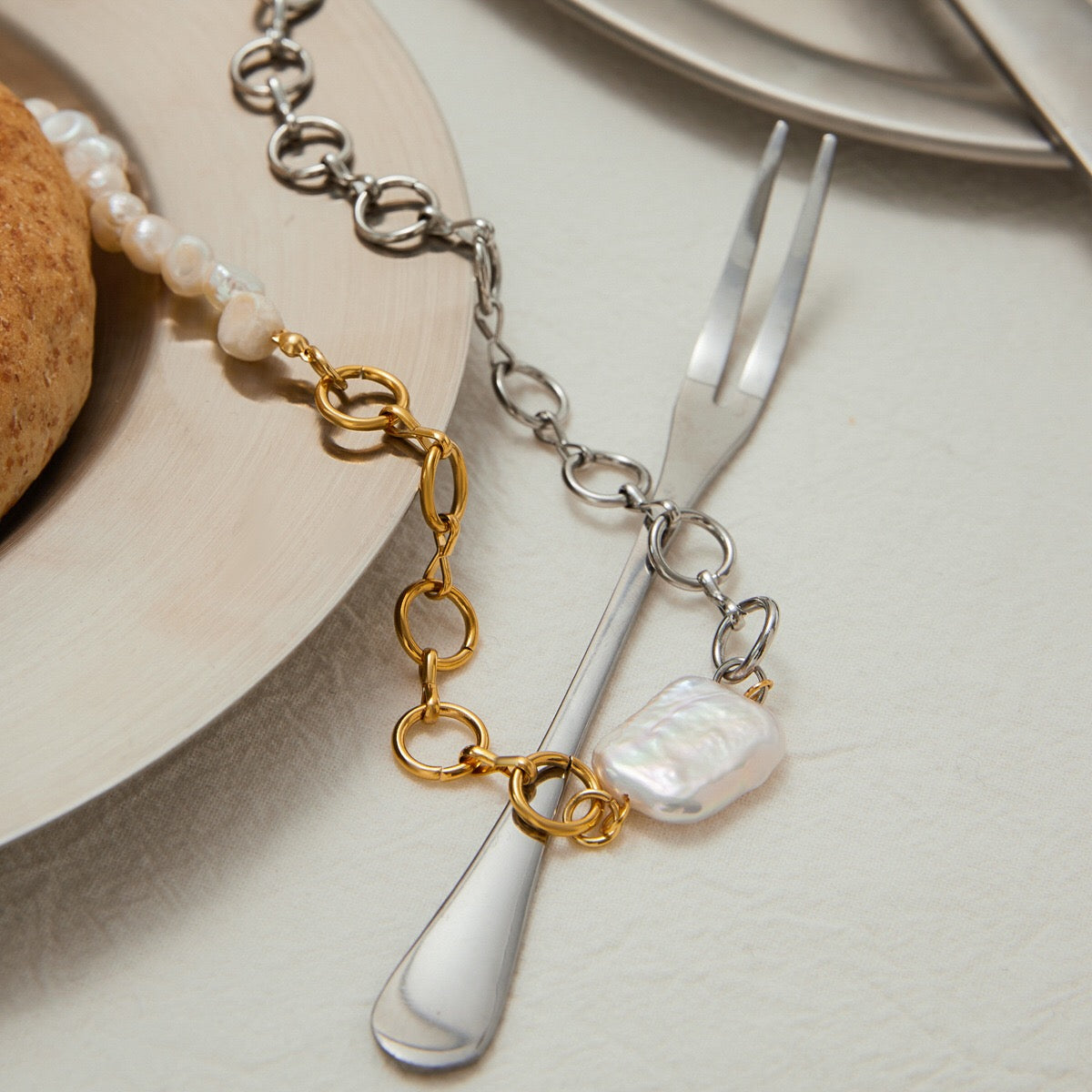 18K Gold Two Tone Chunky Beaded Pearl Paperclip Chain Layered Necklace Set