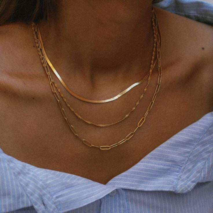 18K Gold Quiet Luxe Paper Clip Herringbone Snake Chain Layered Necklace Set