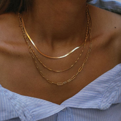 18K Gold Quiet Luxe Paper Clip Herringbone Snake Chain Layered Necklace Set