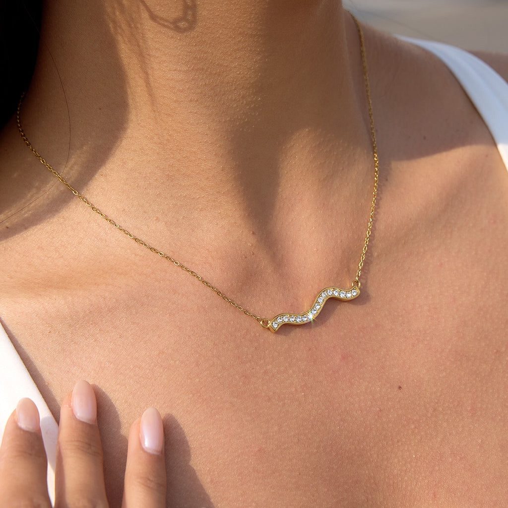 18K Gold Ocean Sway Pave Wave Dainty Pendant Necklace