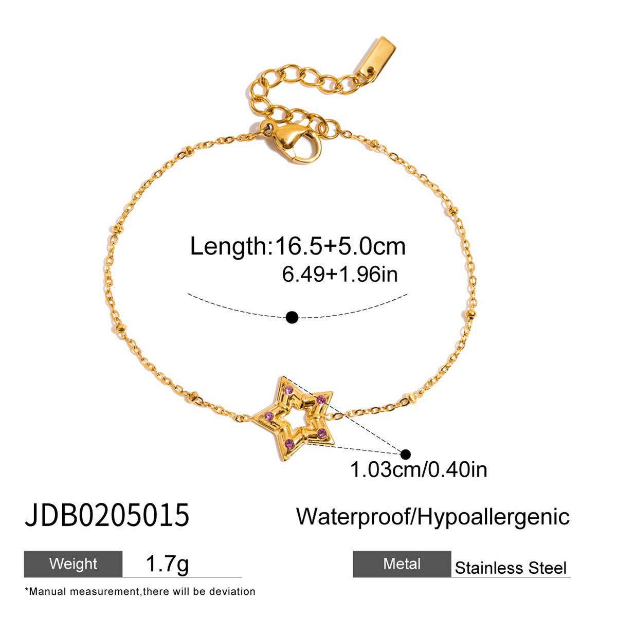 18K Gold Pink Princess Clean Girl Star Bow Heart Dainty Chain Bracelet Stack
