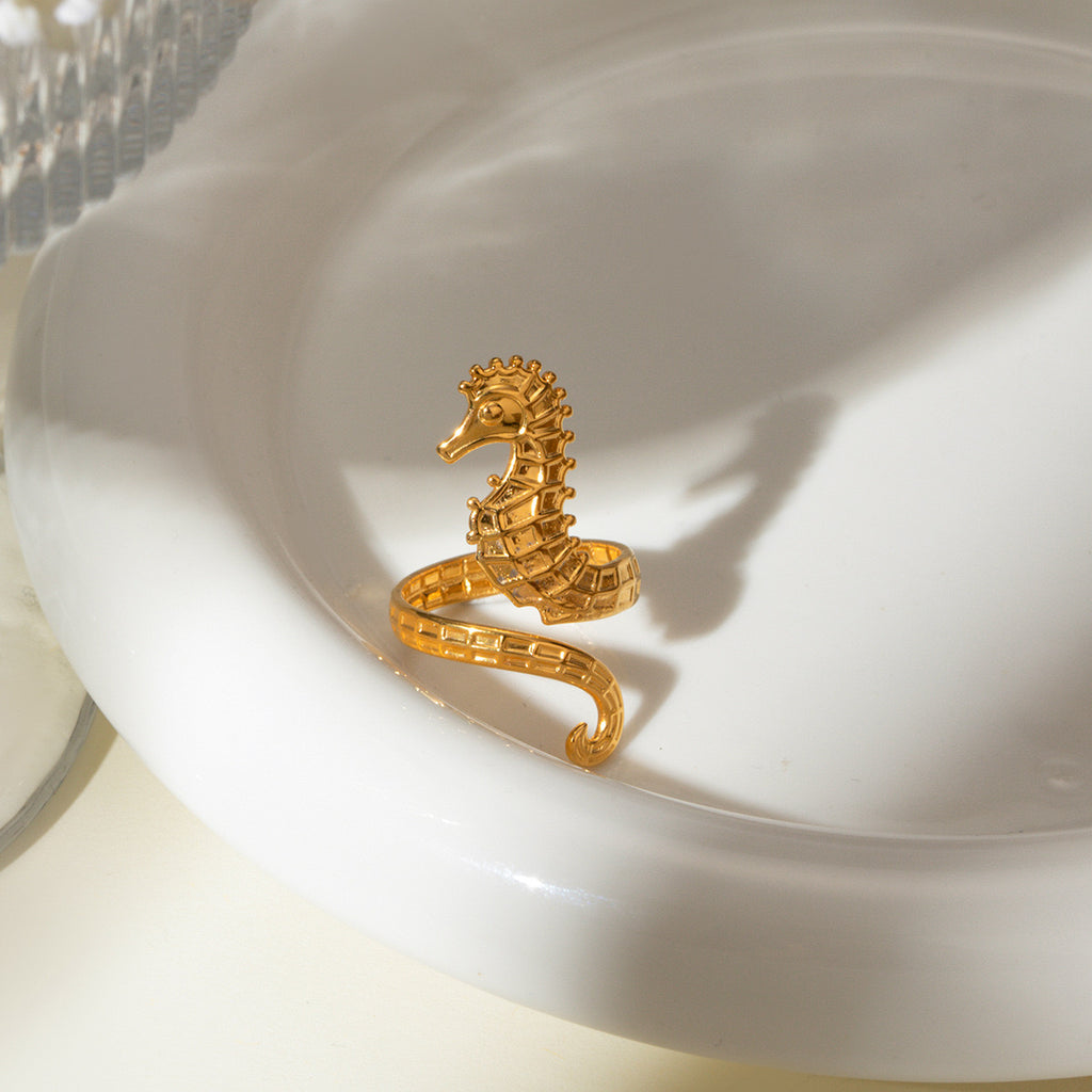 18K Gold Ocean Theme Sea Horse Statement Ring