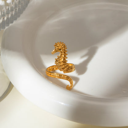 18K Gold Ocean Theme Sea Horse Statement Ring