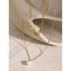 18K Gold Paperclip Chain Pearl Pendant Layered Necklace Set