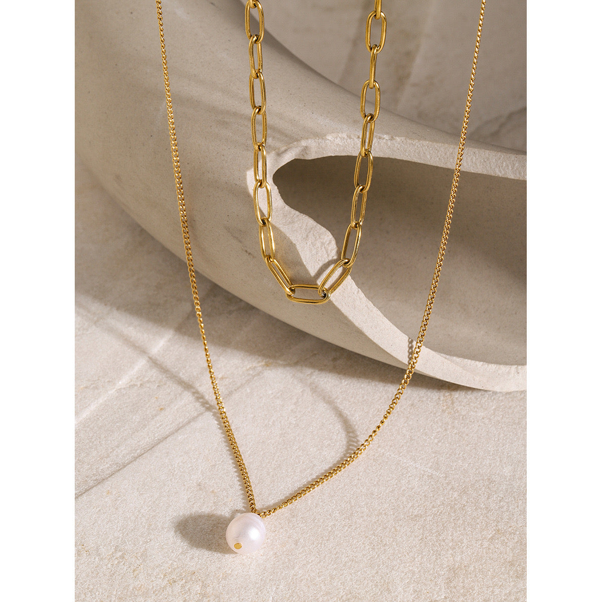18K Gold Paperclip Chain Pearl Pendant Layered Necklace Set