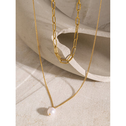 18K Gold Paperclip Chain Pearl Pendant Layered Necklace Set