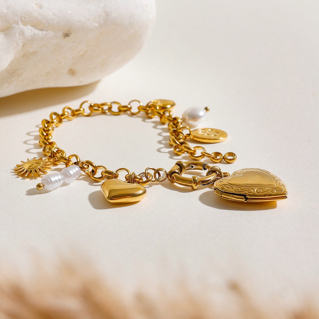 18K Gold Heart Locket Chunky Charm Bracelet