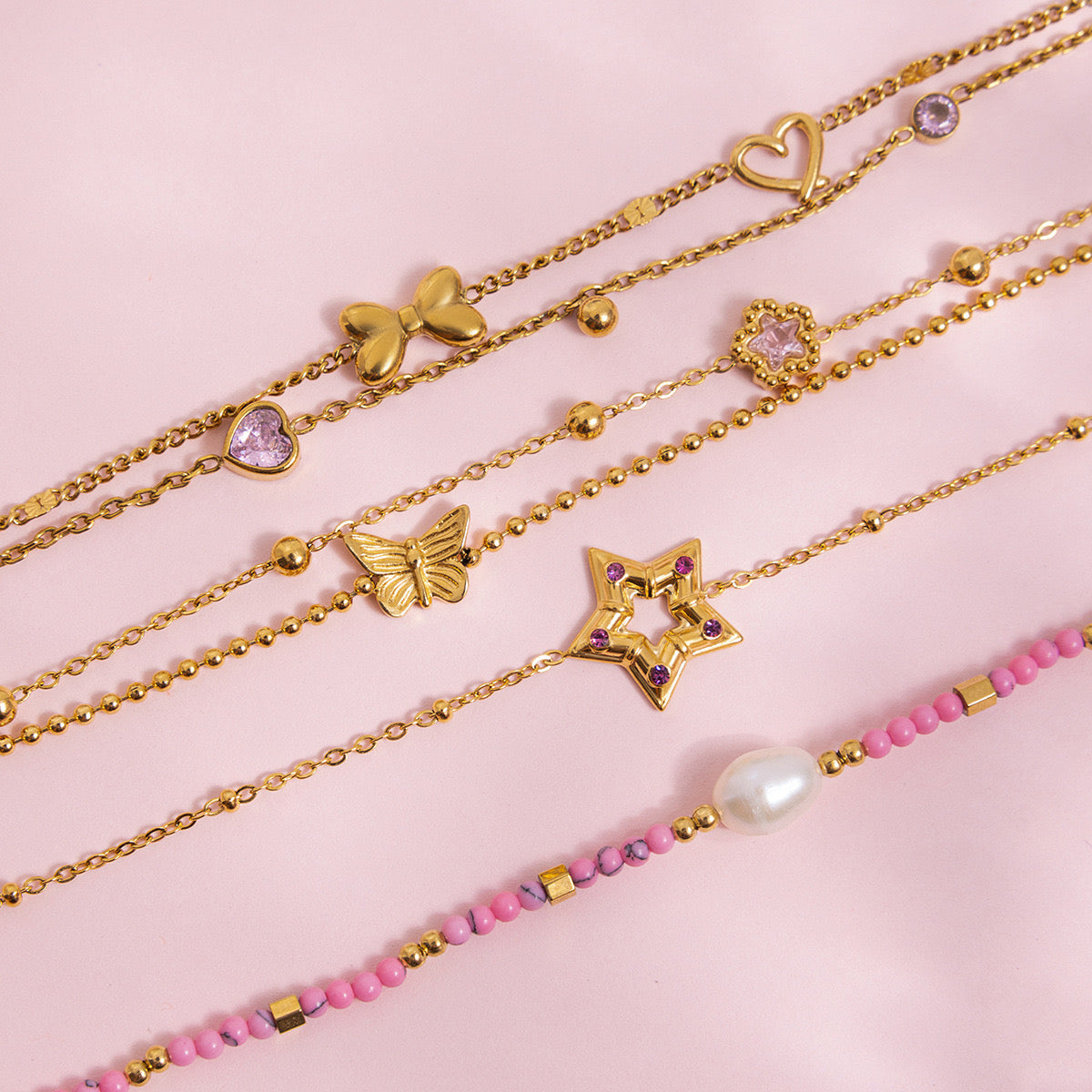 18K Gold Pink Princess Clean Girl Star Bow Heart Dainty Chain Bracelet Stack