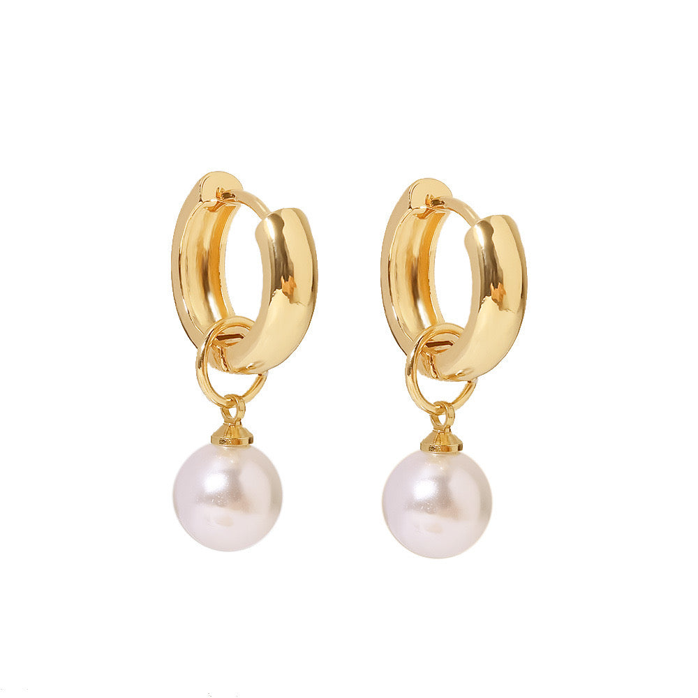 18K Gold Pearl Small Hoop Huggie Earrings