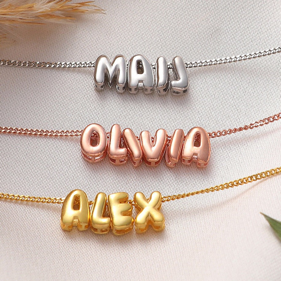 18K Gold and Silver Icon Bubble Letter Initial Custom Name Necklace