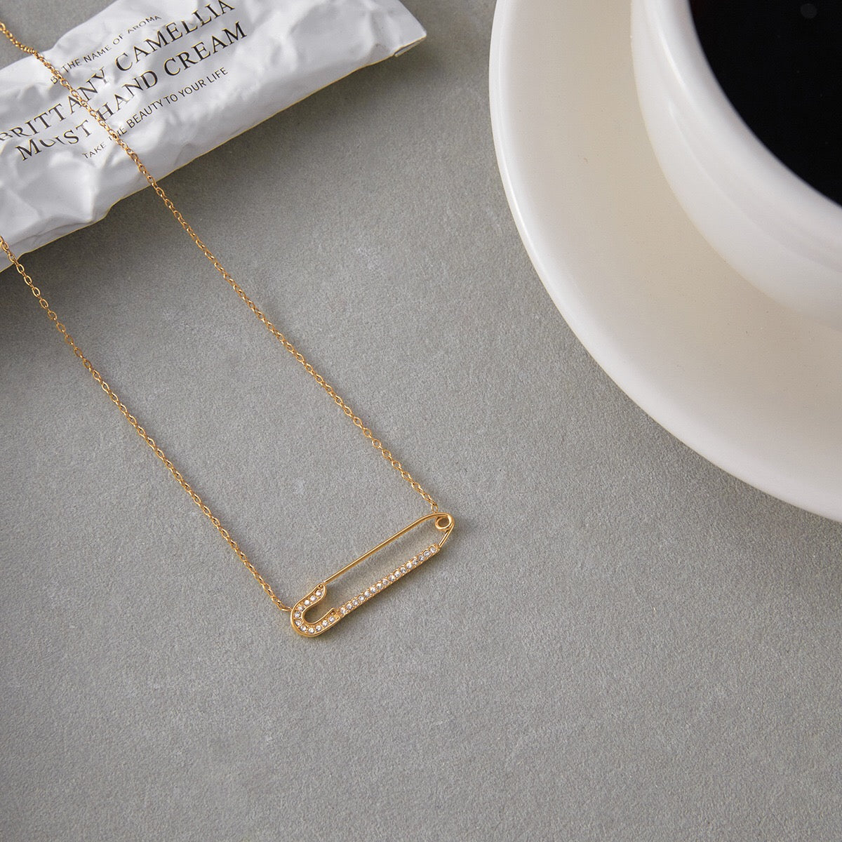 18K Gold Safety Pin Pendant Dainty Chain Layered Necklace Set