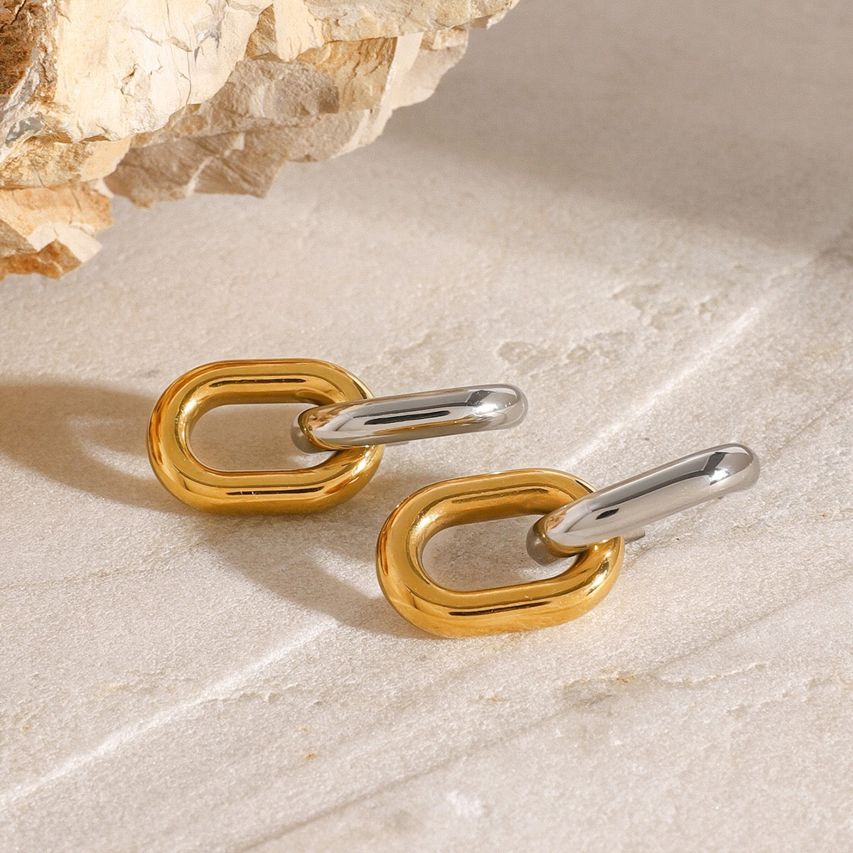 18K Gold and Silver Two Tone Knockout Hoop Dangle Earrings