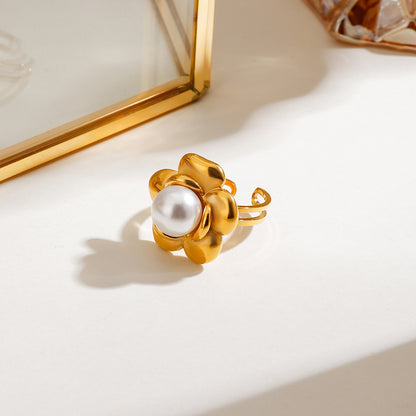 18K Gold Flower Pearl Statement Ring