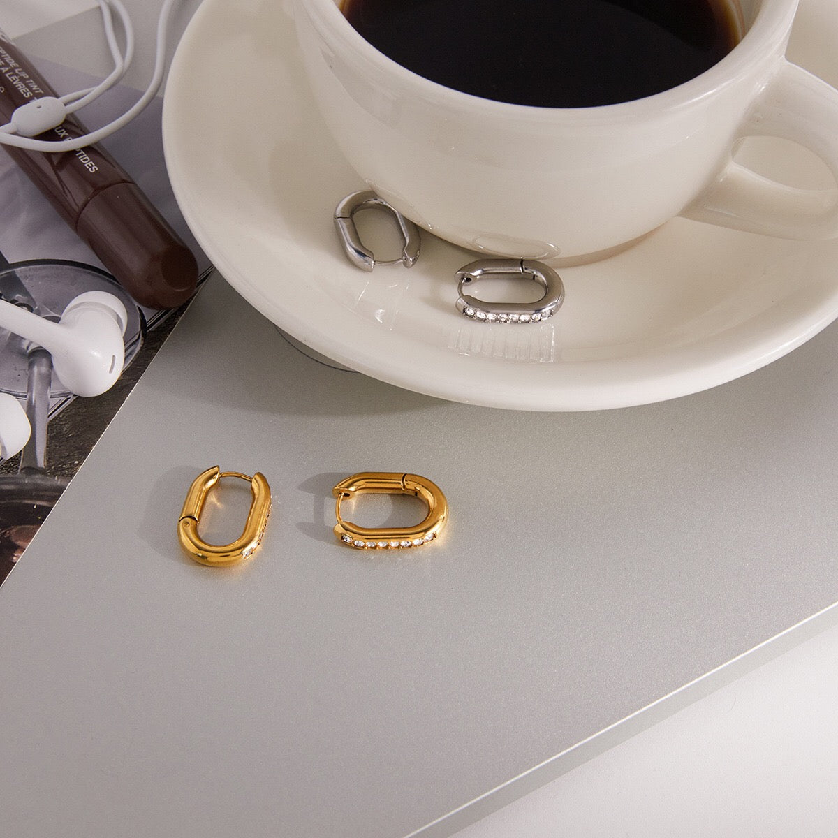 18K Gold and Silver Midnight Tease CZ Small Hoop Huggie Earrings