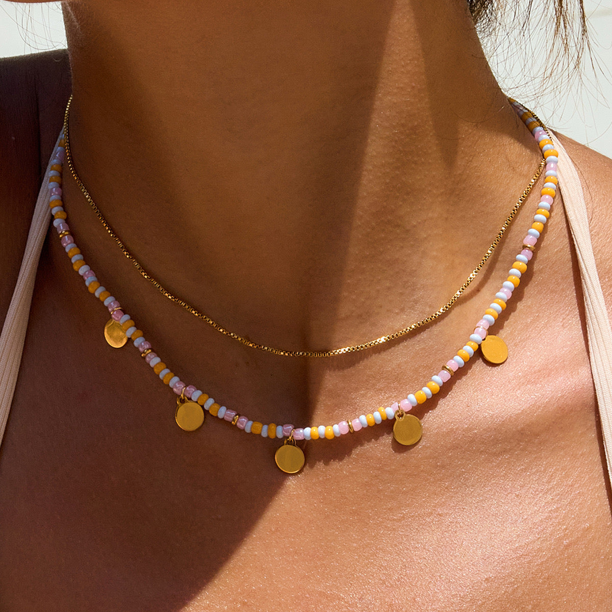 18K Gold Pastel Color Beaded Box Chain Layered Necklace Set