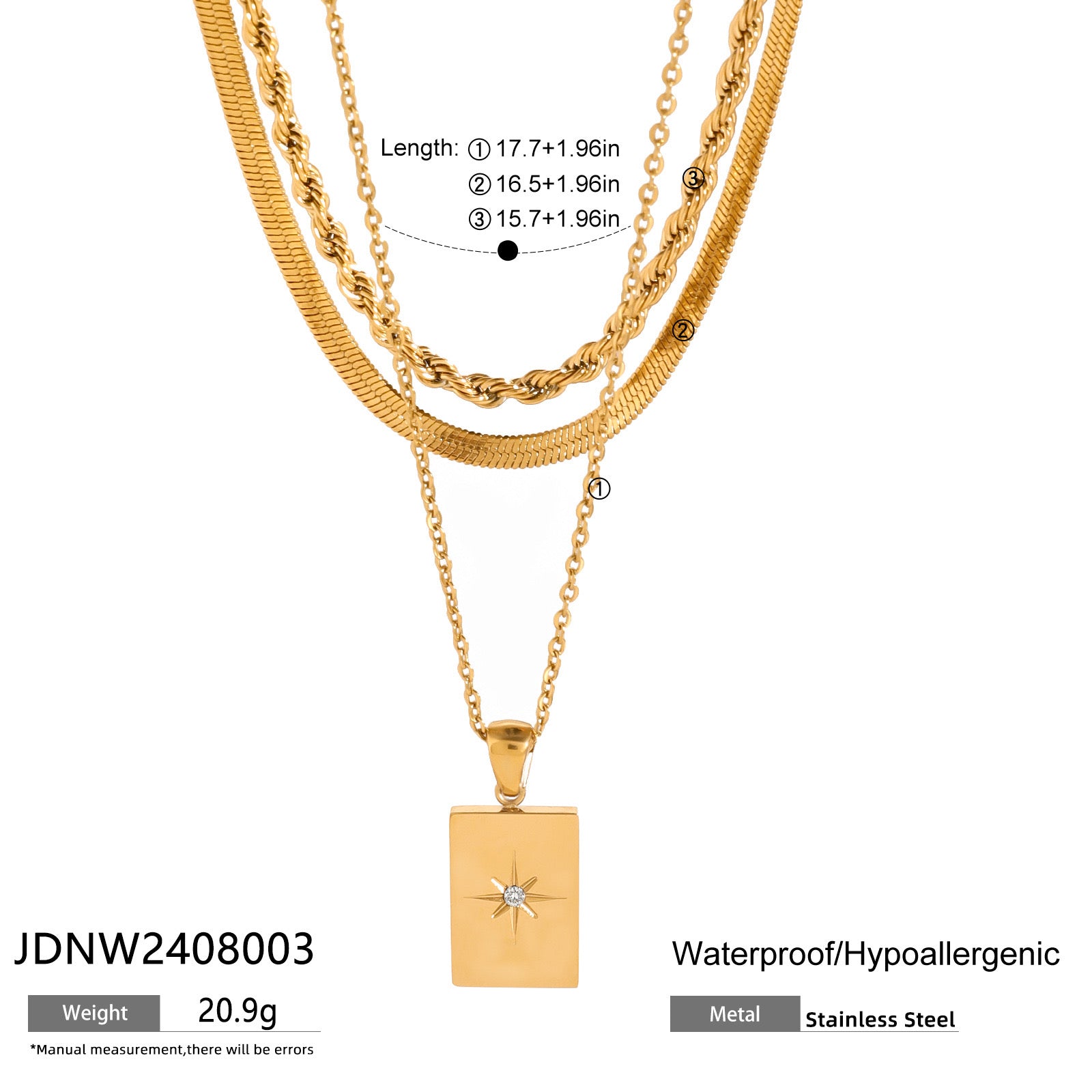 18K Gold Starburst Pendant Herringbong Snake Rope Chain Layered Necklace