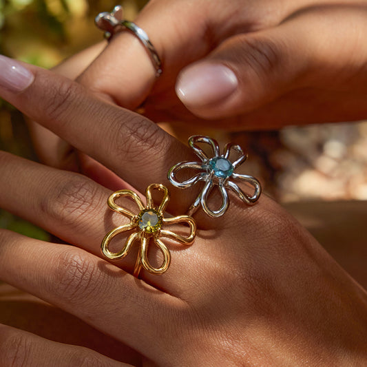18K Gold Bejeweled Flower Statement Ring