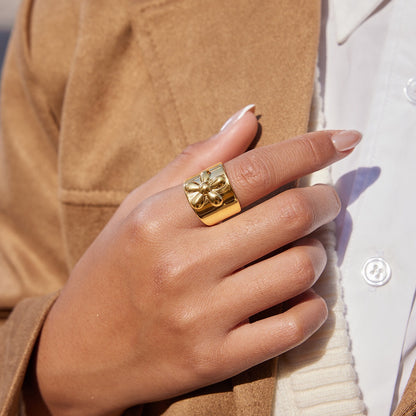 18K Gold Gentle Strength Flower Statement Band Ring