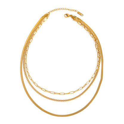 18K Gold Herringbone Snake Chain Paperclip Layered Necklace Set