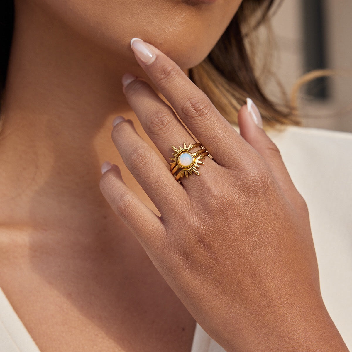 18K Gold Solar Kiss Sunburst Opal Statement Stacking Rings