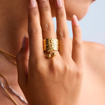 18K Gold Cherry Charm Band Ring