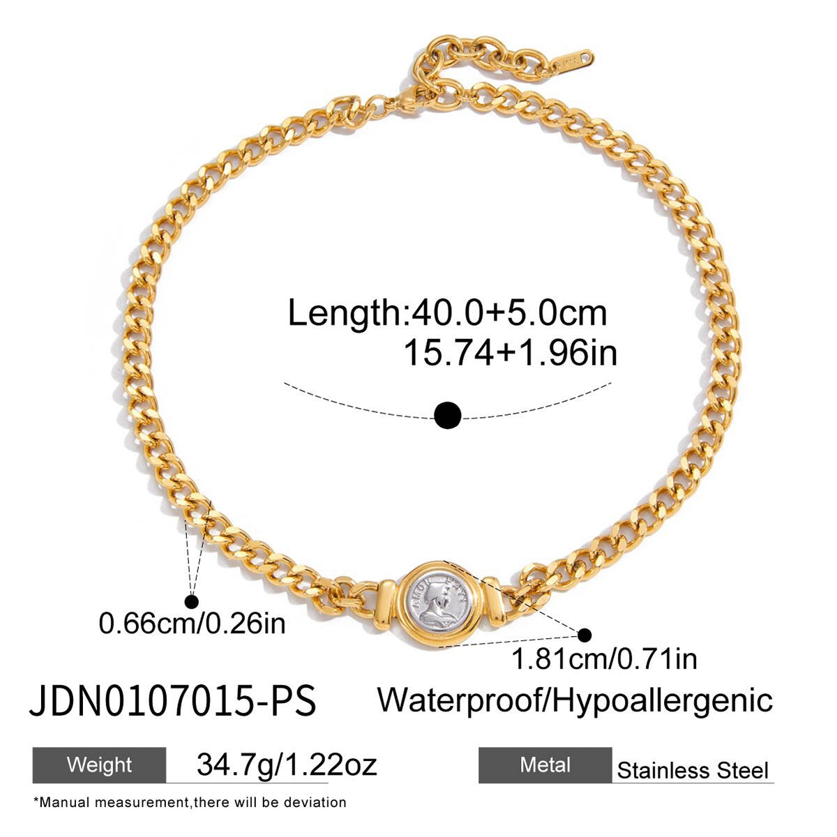 18K Gold and Silver Two Tone Coin Curb Chain Statement Choker Necklace