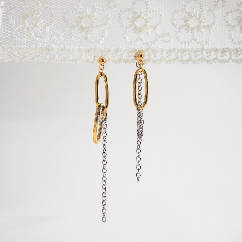 18K Gold and Silver Two Tone Paperclip Chain Mismatched Dangle Drop Stud Earrings