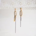 18K Gold and Silver Two Tone Paperclip Chain Mismatched Dangle Drop Stud Earrings