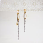 18K Gold and Silver Two Tone Paperclip Chain Mismatched Dangle Drop Stud Earrings