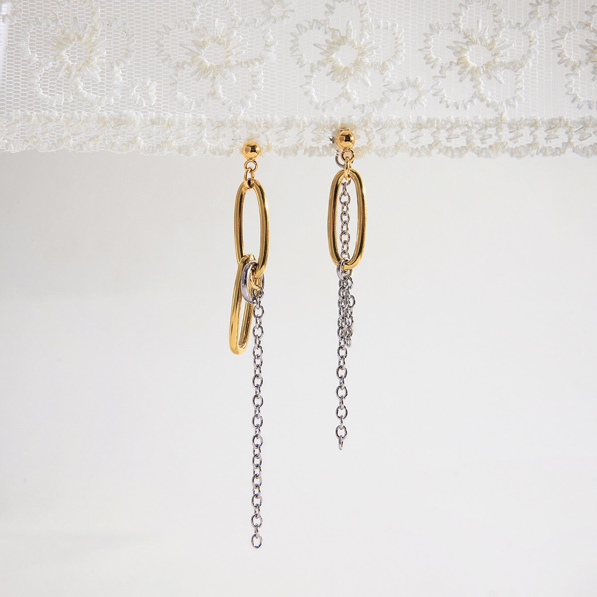 18K Gold and Silver Two Tone Paperclip Chain Mismatched Dangle Drop Stud Earrings